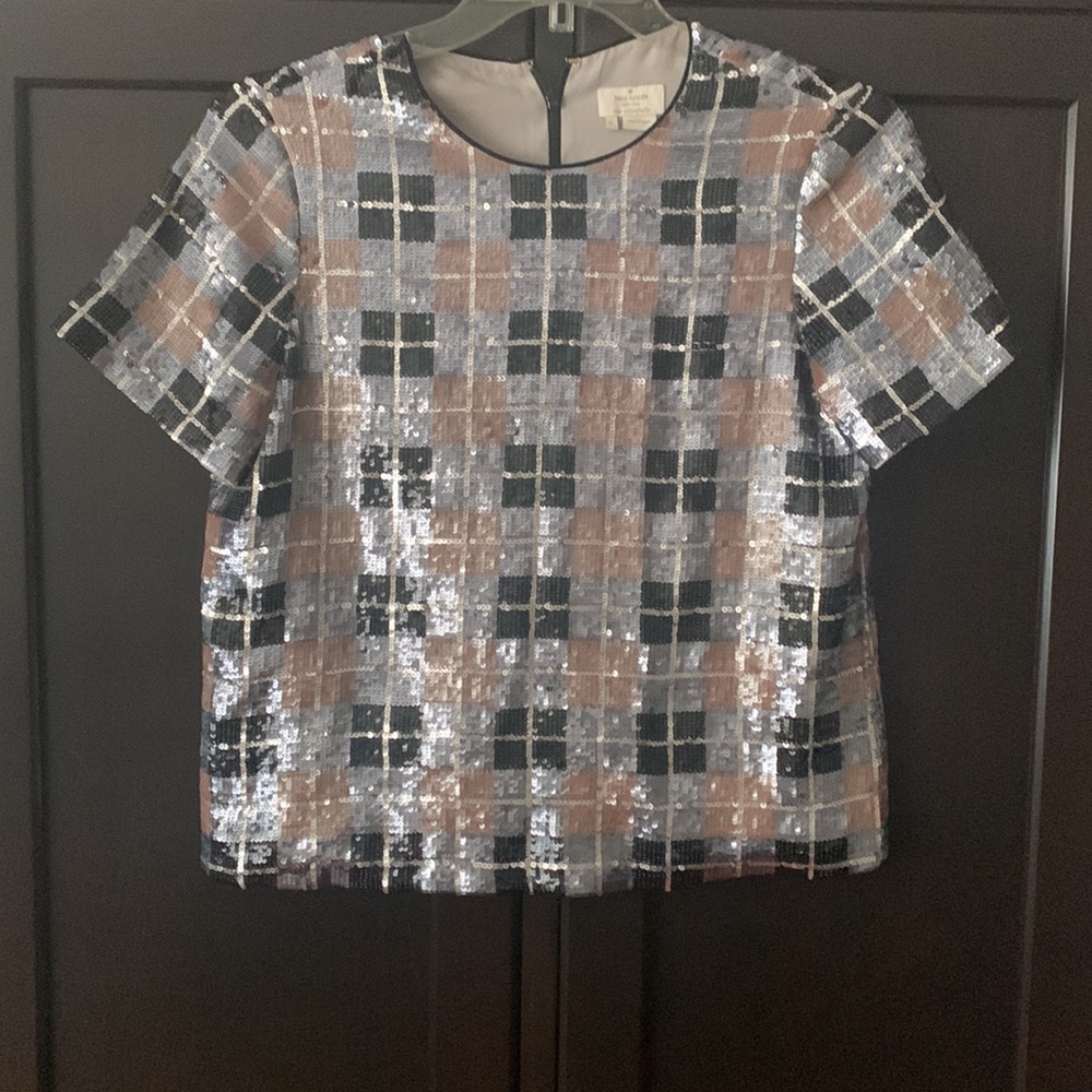Kate Spade Sequin Embellished Plaid Short Sleeve Black Multi Crew Neck Top - 4